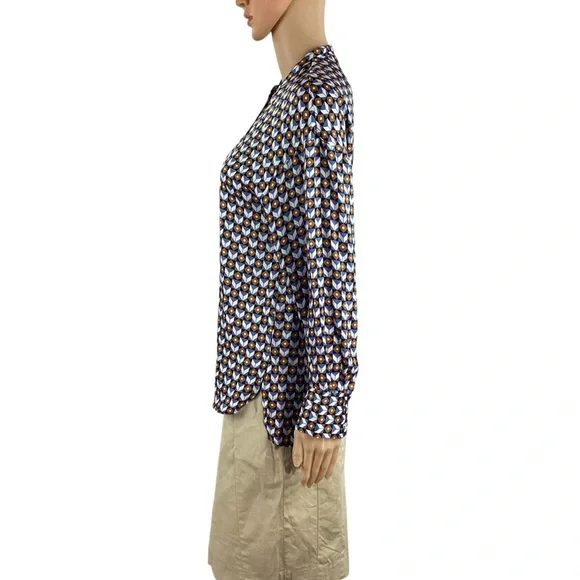 ZARA Geometric Print Button Down Blouse Blue Brown Small - Picture 4 of 7